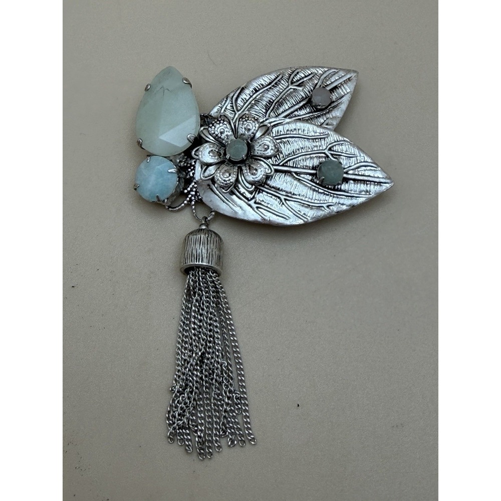 Kenneth Cole Brooch Pin Flower Leaves Chain Tassel Signed Silver Tone